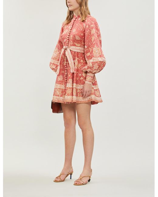 Zimmermann Veneto Border Floral print Linen Dress in Red Lyst