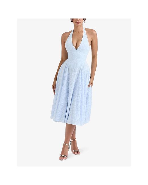 House Of Cb Blue Arietta Halter-Neck Jacquard Woven Midi Dress