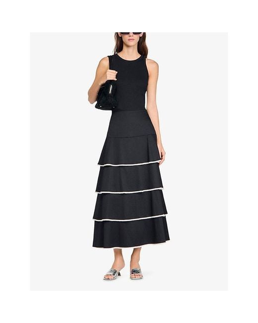 Sandro Black Ruffled Rhinestone-Trim Cotton Maxi Skirt