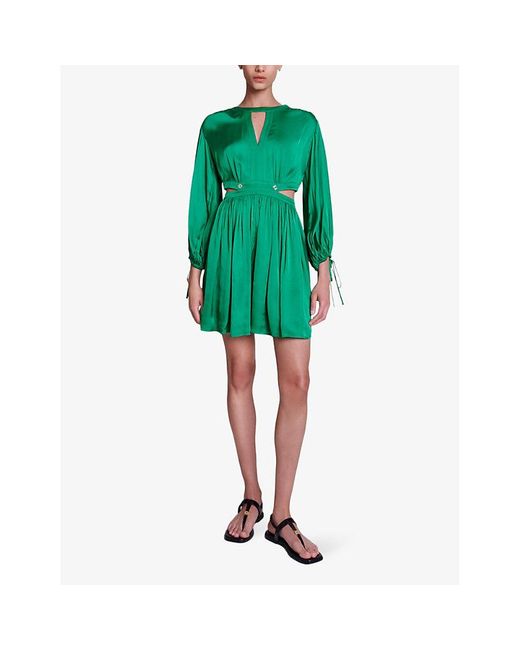 Maje Green Cut-out Pleated-skirt Woven Mini Dress