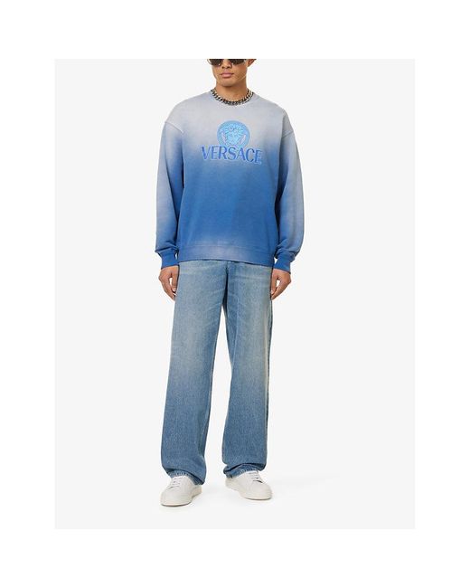 Versace Blue Brand-print Gradient-design Cotton-jersey Sweatshirt for men