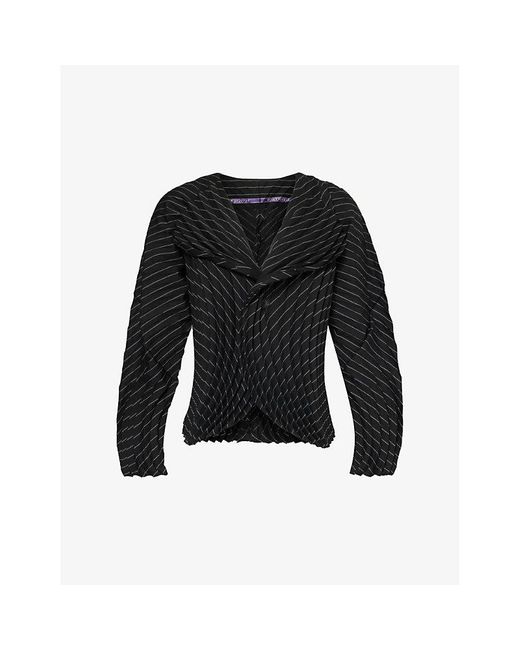 Issey Miyake Black Curved Pleated Pinstriped Wool-blend Jacket