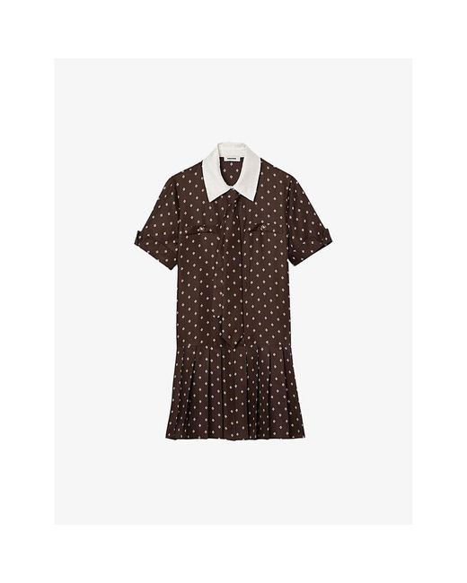 Sandro Brown Geometric-Print Contrast-Collar Satin Mini Dress
