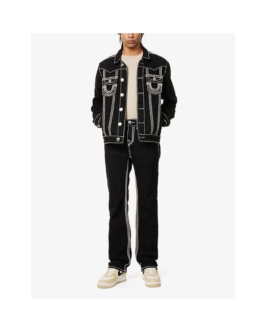 True Religion Black Jimmy Contrast-Stitch Denim Jacket for men