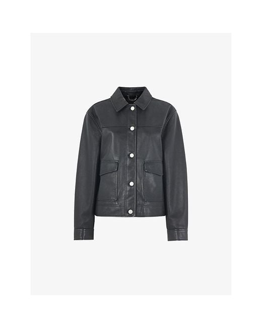 Whistles Black Natia Patch-Pocket Leather Overshirt