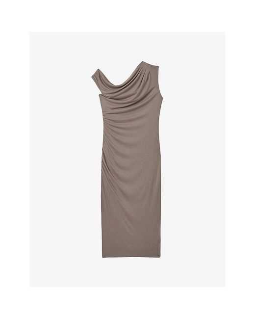 Reiss Brown Fern Ruched Woven Midi Dres