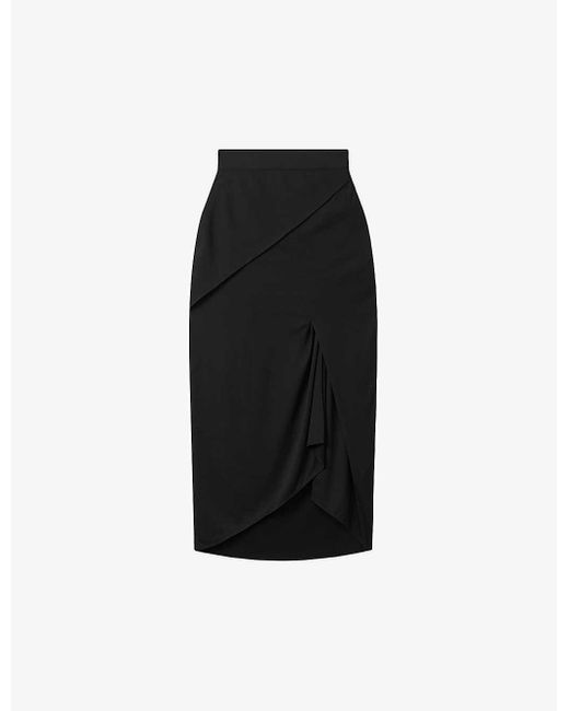 Reiss Black Zaria Draped Stretch-woven Midi Skirt