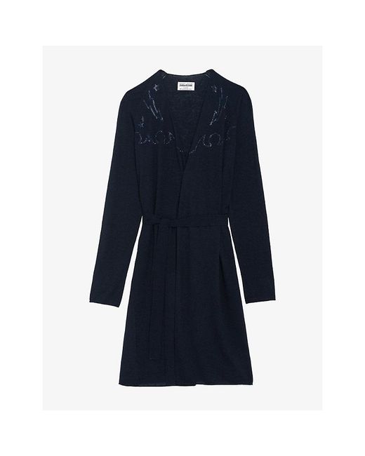 Zadig & Voltaire Blue Daffyz Rhinestone-Embellished Long Cashmere Cardigan
