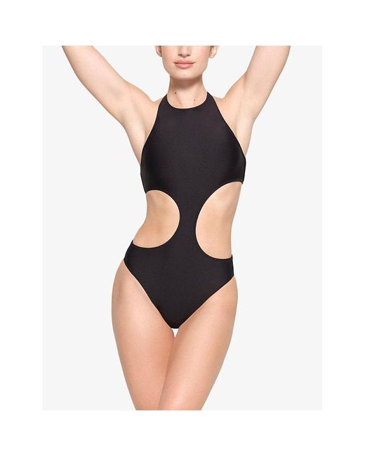 Skims White Signature Swim Halter-neck Stretch Recycled-nylon Swimsuit
