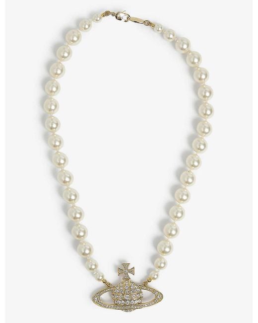 Vivienne Westwood Metallic Bas Relief Yellow-gold Tone Brass, Pearl And Swarovski Crystal Necklace