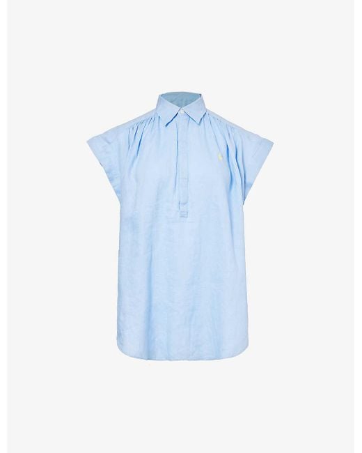 Polo Ralph Lauren Blue Logo-embroidered Frill-sleeve Linen Shirt