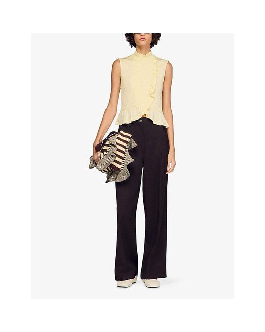 Sandro Metallic Smocked Ruffled-Collar Stretch-Woven Top