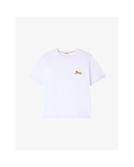Sandro White Horse-Embroidered Short-Sleeved Cotton-Jersey T-Shirt