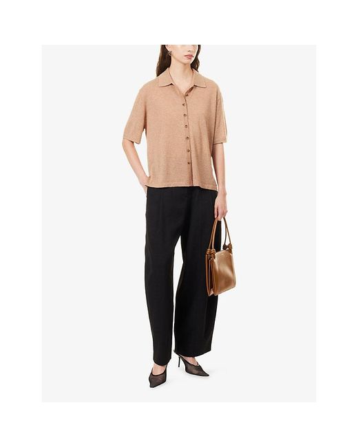 ME+EM Natural Classic-Collar Short-Sleeve Cashmere Top