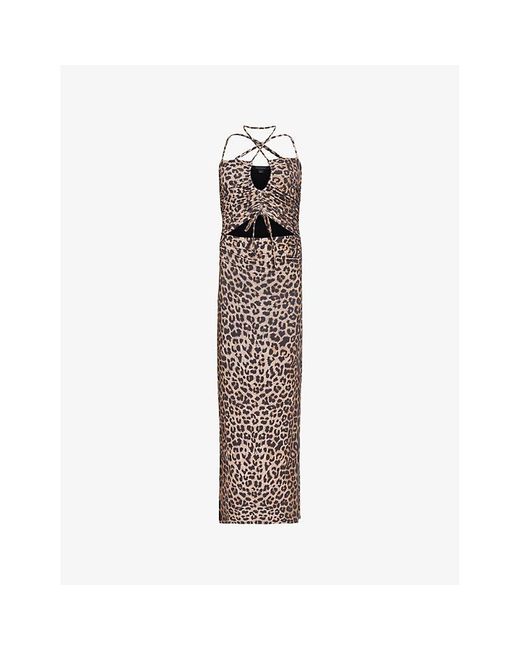 AllSaints Brown Amaya Leppo Leopard-print Cut-out Stretch-woven Midi Dress