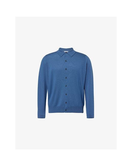John Smedley Blue Tibor Long-Sleeve Merino-Wool Polo Shirt for men