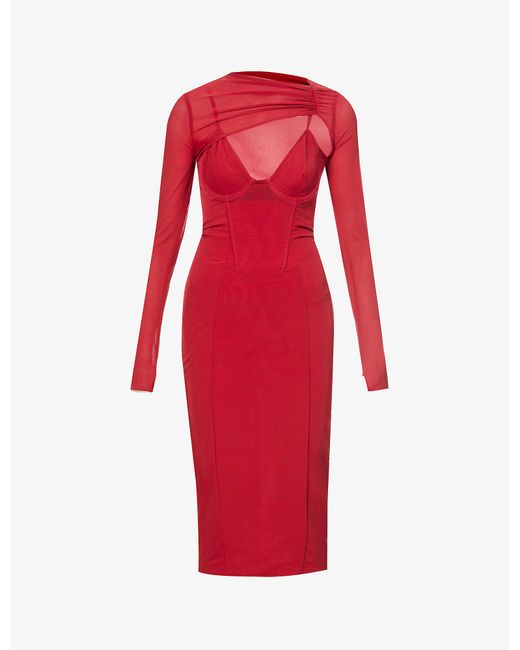 House Of Cb Red Beatrice Asymmetric Corseted Mesh Midi Dress