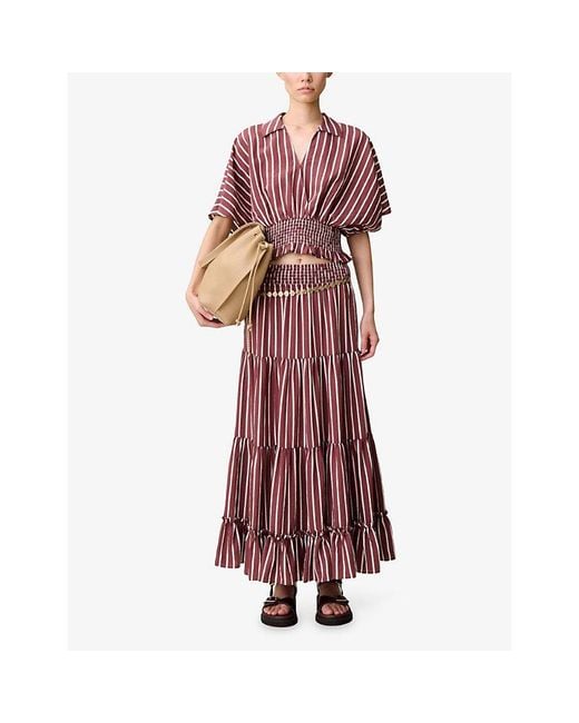 Claudie Pierlot Striped Shirred-Waist Woven Top