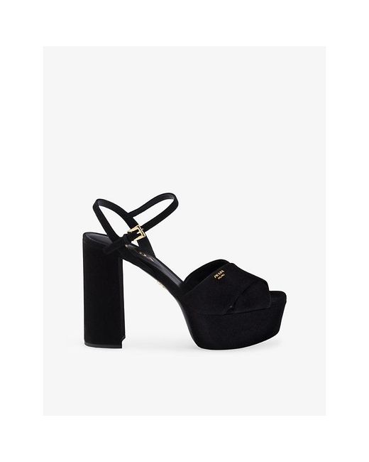 Prada Black Criss-Cross Suede Heeled Platform Sandals