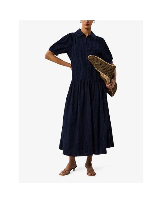 Whistles Blue Textured Dropped-Waist Knitted Midi Dress