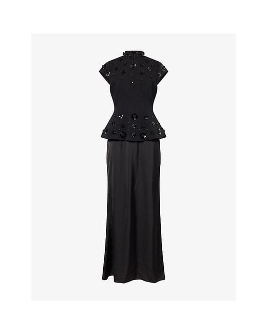 Odd Muse Black Embellished Clapped-Sleeves Cotton Blend Gown