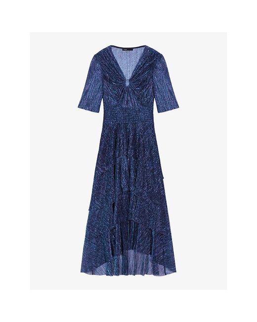 Maje Blue Ruffle-trim Woven Midi Dress