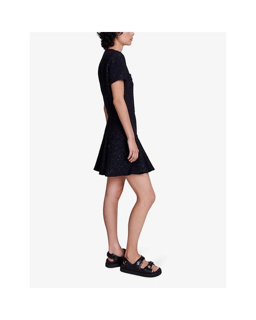 Maje Black Round-neck Short-sleeved Tweed Mini Dress