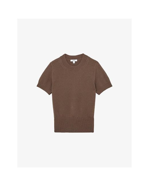 Reiss Brown Anita Short-Sleeve Cotton And Wool-Blend Top