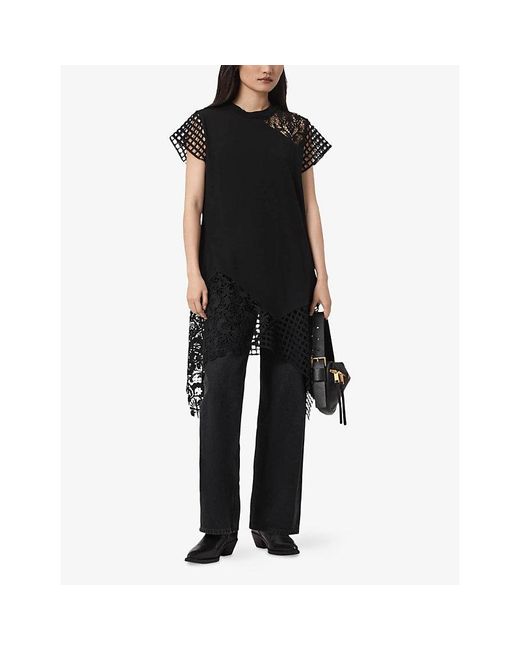 AllSaints Black Zala Crochet Short-Sleeve Cotton Mini Dress