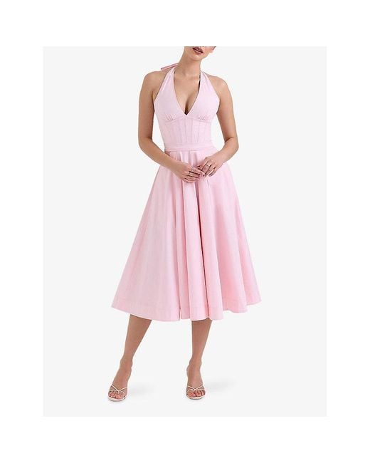 House Of Cb Pink Allena Corset-Bodice Stretch-Cotton Midi Dress