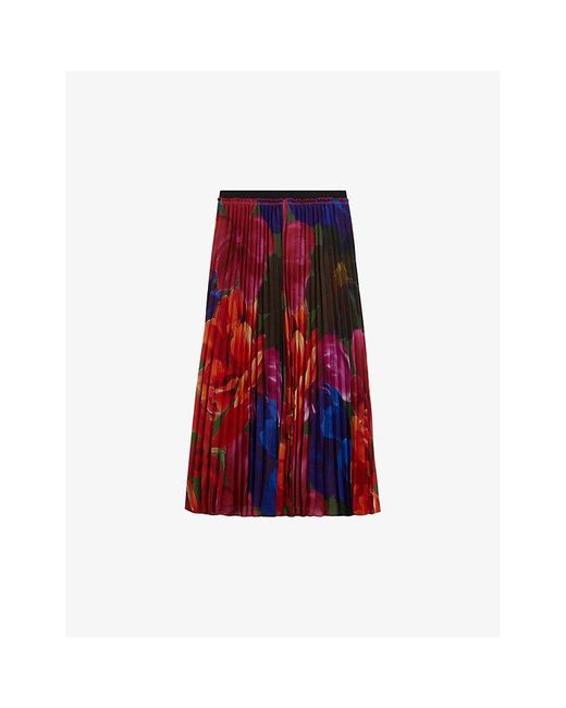 Ted Baker Red Evola Floral-print Pleated Recycled-polyester Midi Skirt