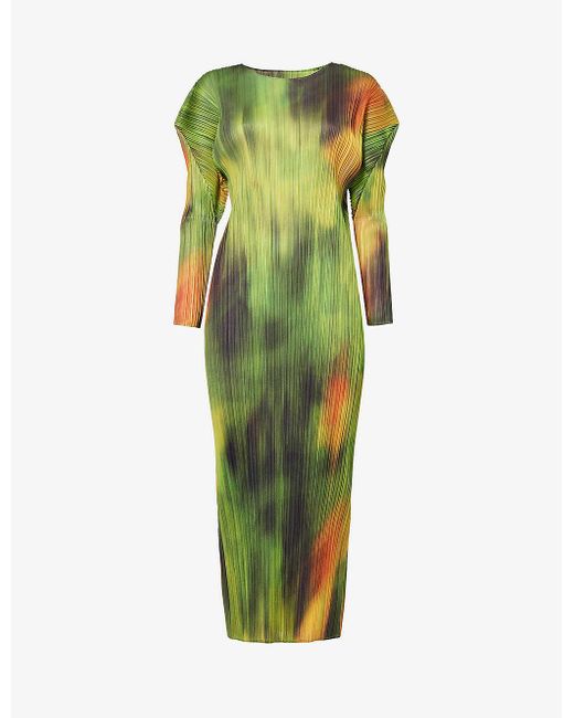 Pleats Please Issey Miyake Green Turnip And Abstract-pattern Knitted Midi Dress