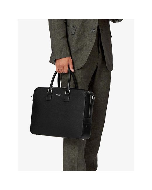 Aspinal Black Mount Street Logo-Embellished Leather Laptop Bag for men