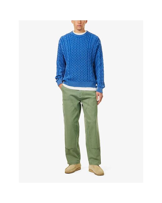 Obey Blue Olympian Faded-Wash Cable-Knit Relaxed-Fit Cotton Jumper for men