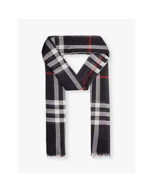 Burberry Black Giant Check Fringed-trim Wool And Silk-blend Scarf