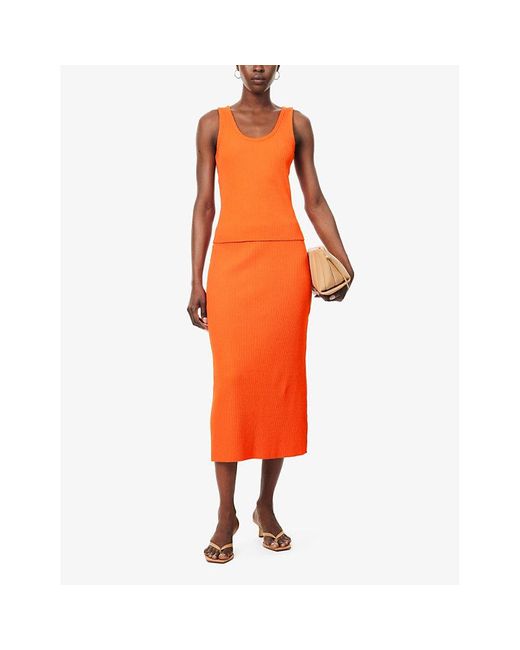 Vince Orange Elasticated-waist Rib-knit Cotton-blend Jersey Midi Skirt