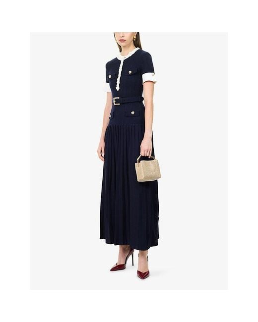 Self-Portrait Blue Floral-Trim Ribbed-Knit Midi Dress
