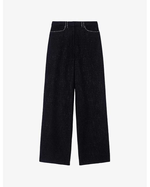 Maje Blue Contrast-stitch Wide-leg Mid-rise Tweed Trousers