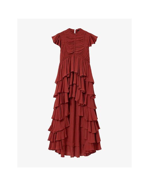 AllSaints Red Shaela Ruffled Woven Maxi Dress