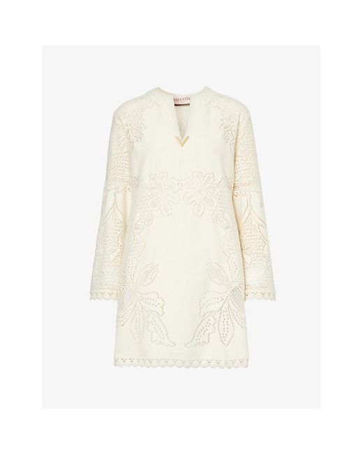 Valentino Garavani White V-neck Floral-pattern Cotton-blend Mini Dress