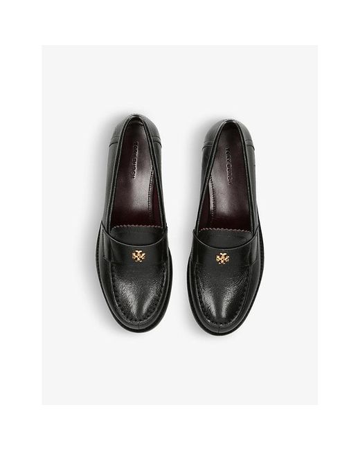 Tory Burch Black Logo-embellished Scallop-trim Leather Loafers
