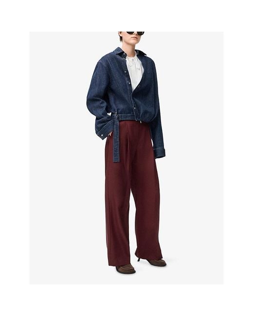 Loewe Purple Pleated Leather-Patch Wool Trousers