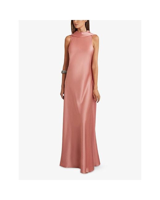 Reiss Pink Cape-Back Cowl-Neck Satin Maxi Dress