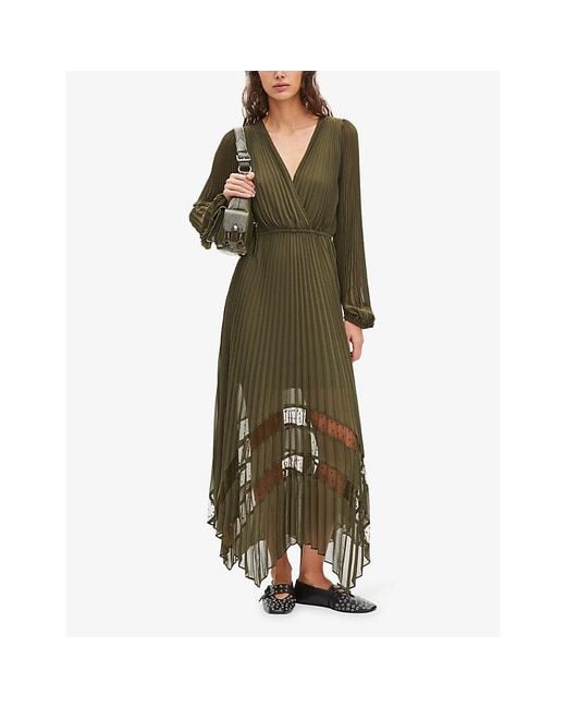 The Kooples Black Pleated V-Neck Woven Maxi Dress