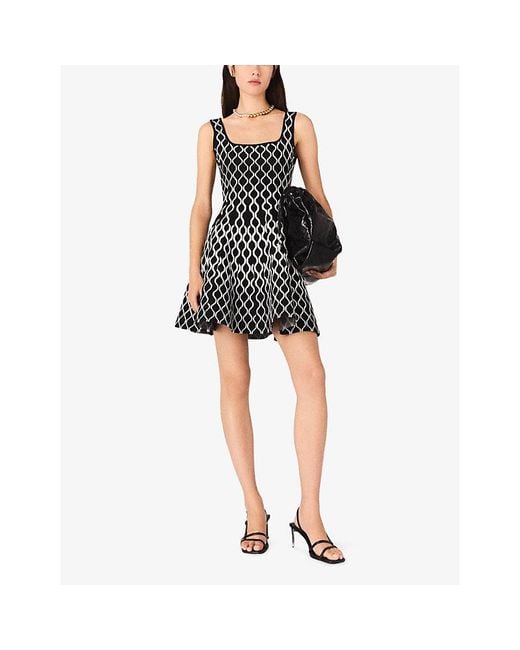 Maje Black Square-Neck Geometric-Pattern Stretch-Knit Mini Dress