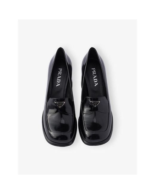 Prada Black Brushed Heeled Leather Loafers