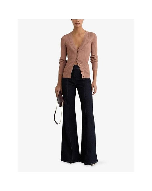 Reiss Pink Vinny Scallop-Trim Ribbed-Knit Cardigan