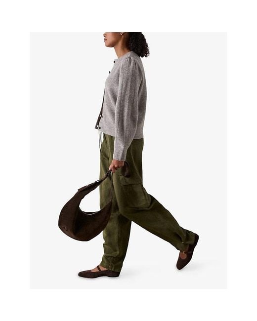 Whistles Gray Puff-Sleeved Round-Neck Wool-Blend Cardigan