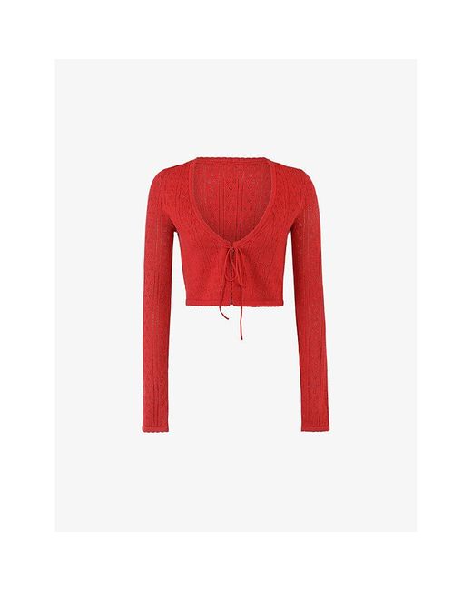 House Of Cb Red Perla Cropped Pointelle-knit Cardigan