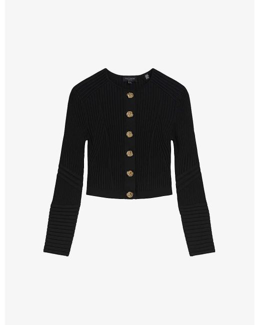 Ted Baker Black Janisaa Ribbed Stretch-knit Cardigan